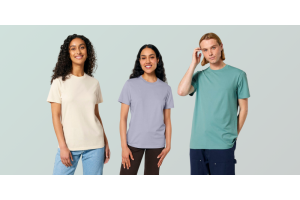 3 people wearing organic cotton t-shirts on a light green background