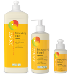 3 bottles of different sizes of natural calendula washing up liquid