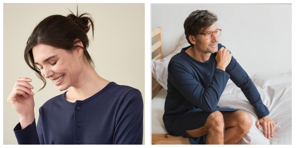 a man and a woman wearing navy blue grandad style nightshirt