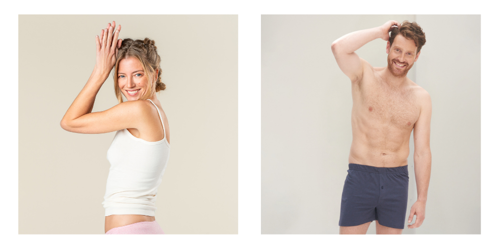 a woman wearing an organic cotton vest and a man wearing organic cotton boxer shorts