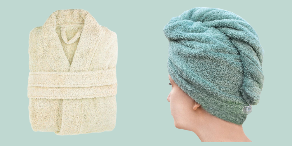 organic cotton bathrobe and organic cotton hair wrap