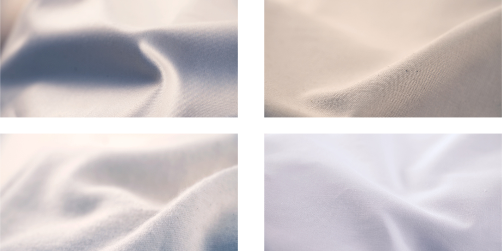 a close up of 4 different types of organic cotton for bed linen